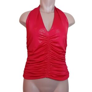 Y2K BH Jeans Shiny Red Hot‎ Glitter Ruched Halter Top Clubwear Party Mcbling M